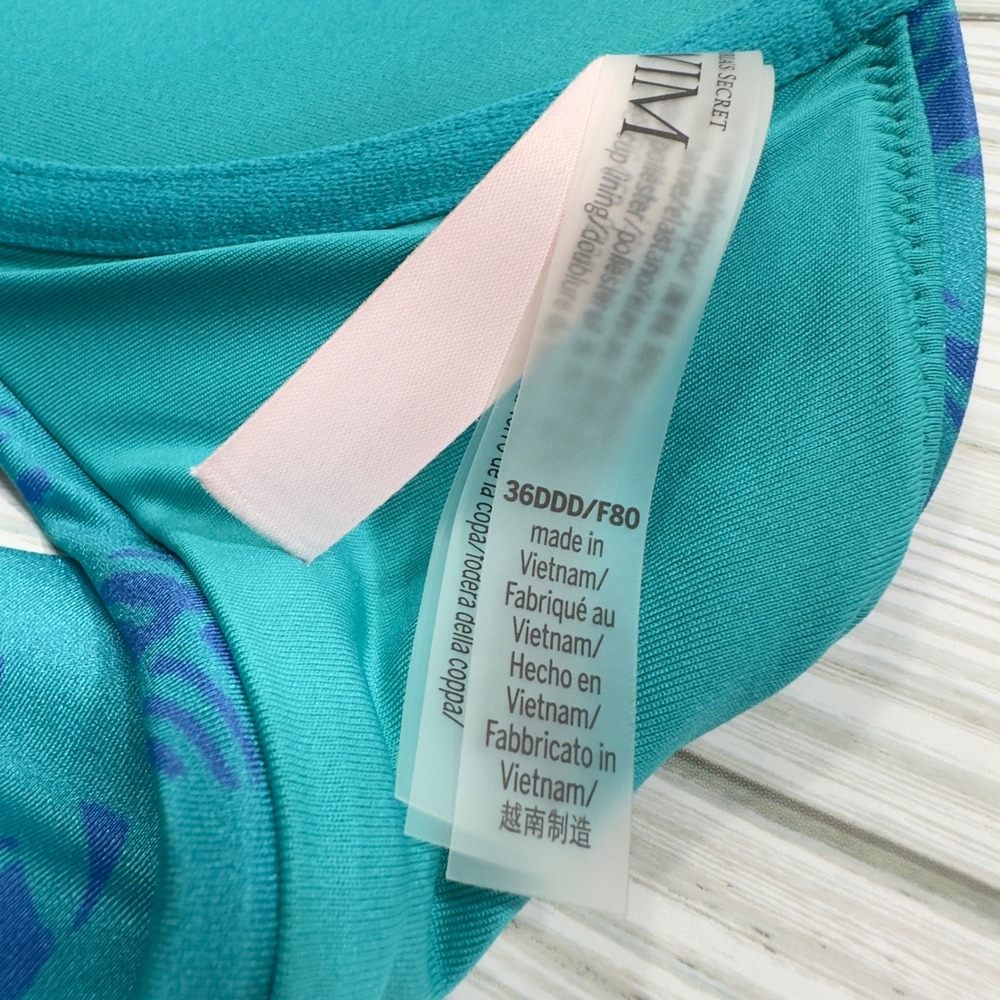 NEW VS Swim Push Up Halter Bikini Top Teal Blue Tropical Palm 36DDD - Picture 8 of 9